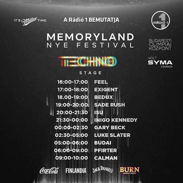 Bok csarnok (Ex Syma), Memoryland NYE Festival with Gary Beck, Inigo Kennedy, Luke Slater, Pfirter, Budai and ISU flyer