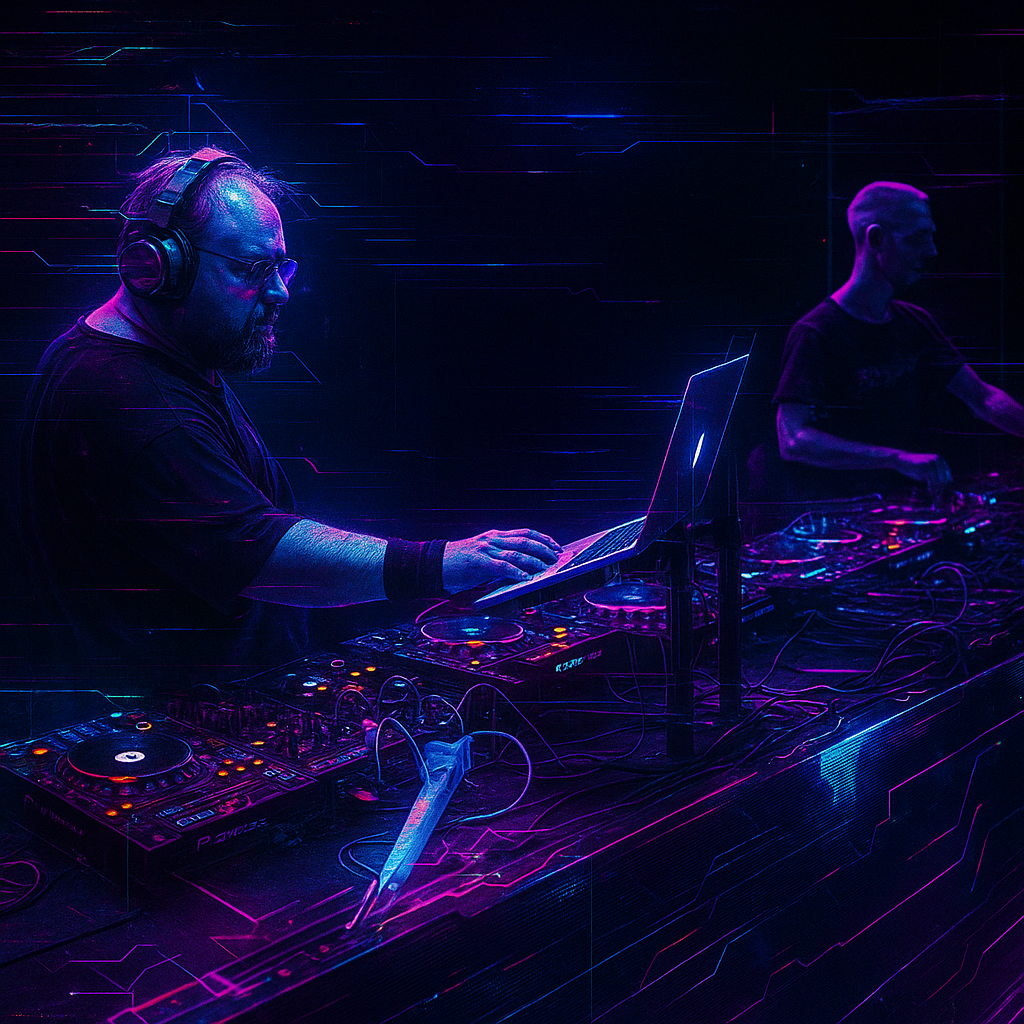 Sade Rush and another DJ live in blue-purple light