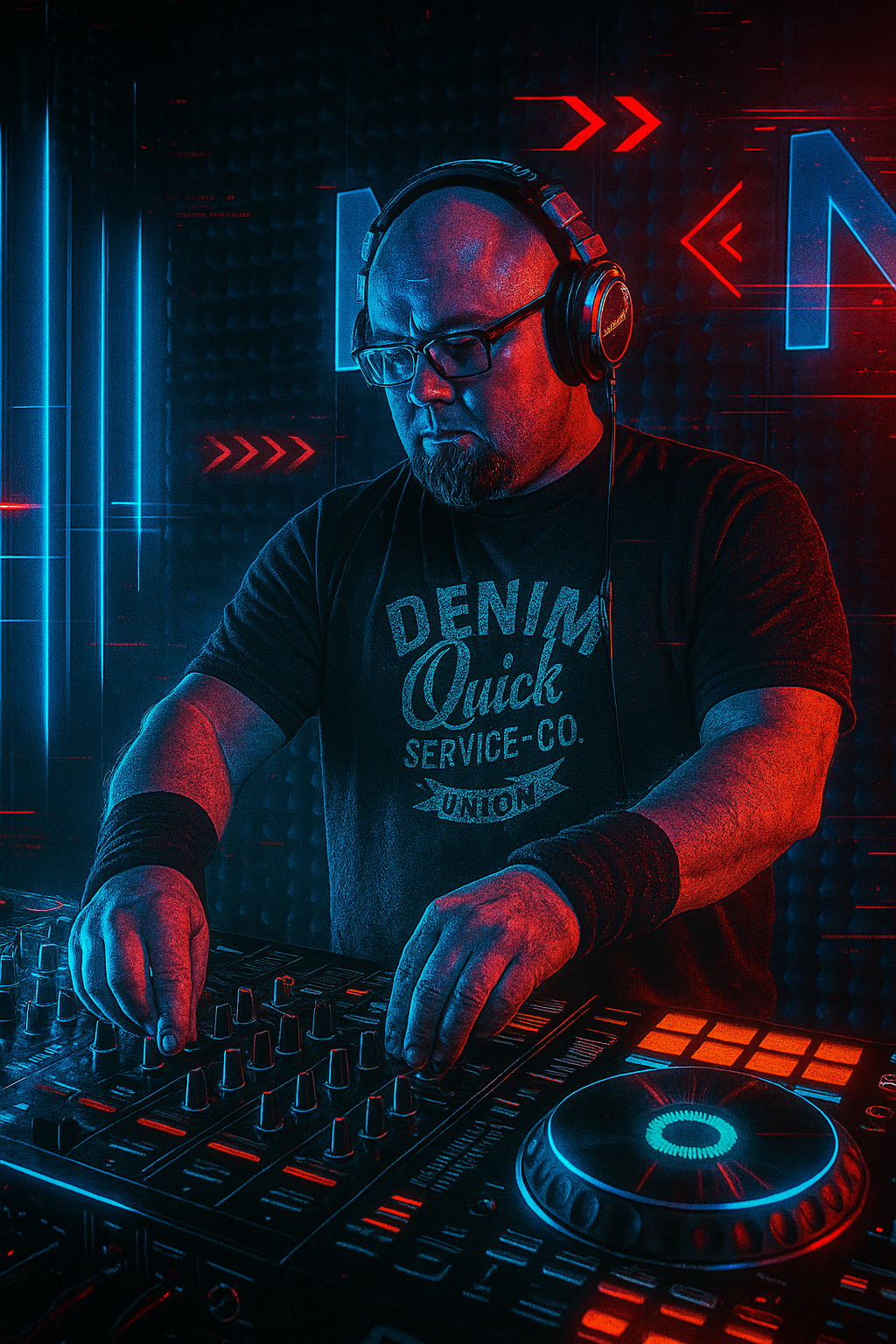 Sade Rush behind the mixer in red and blue neon lights